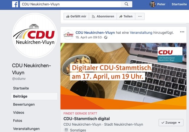 Hinweis auf Facebook: CDU-Stammtisch digital; Screenshot Facebook