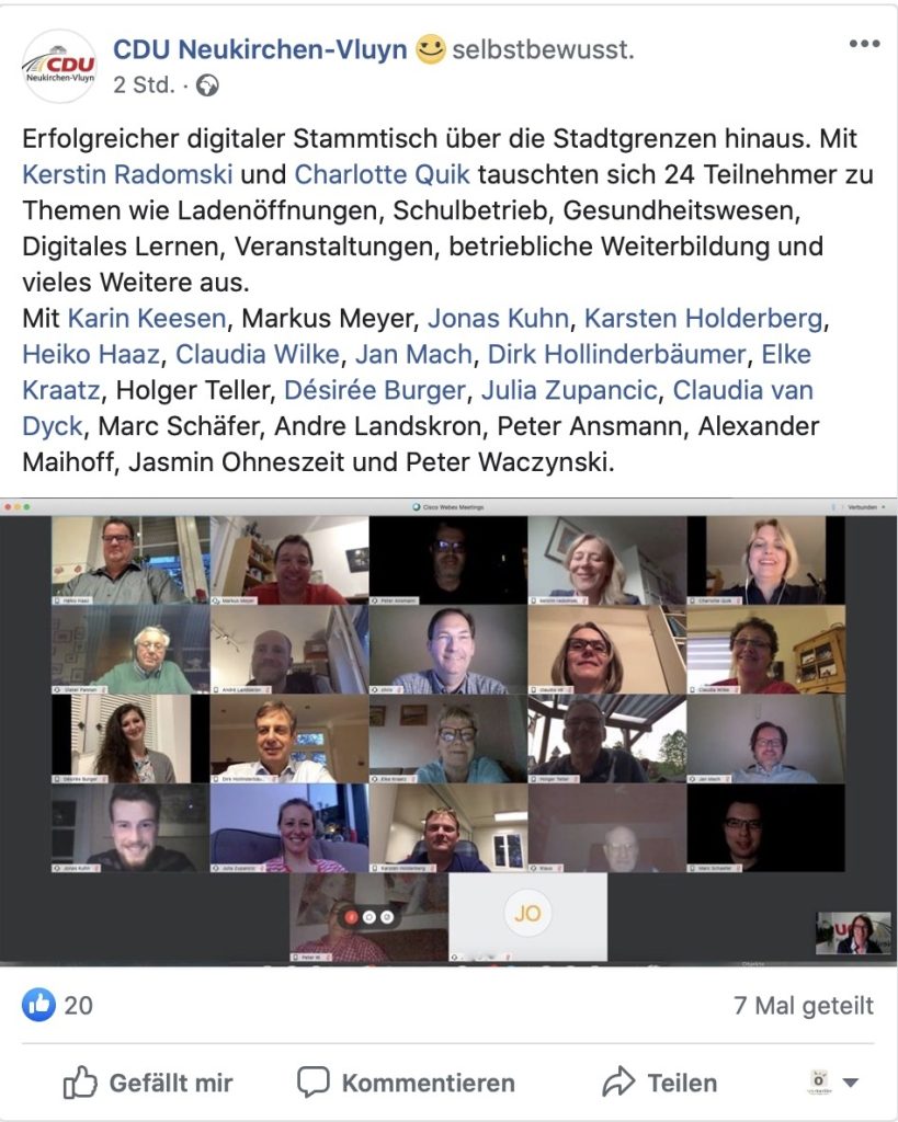 Rege Teilnahme: 24 Teilnehmer beim digitalen Stammtisch der CDU Neukirchen-Vluyn; Screenshot Facebook