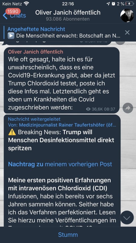 Janich regelt: Desinfektionsmittel gegen COVID-19; Screenshot Telegramm