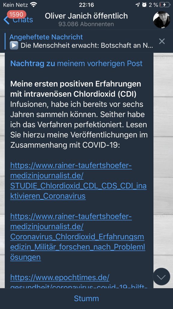 Janich regelt: Desinfektionsmittel gegen COVID-19; Screenshot Telegramm