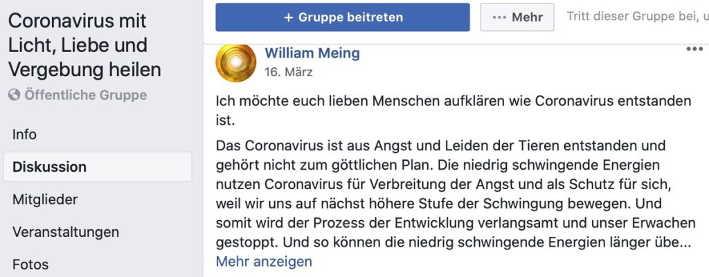 Coronavirus mit Licht, Liebe und Vergebung heilen; Screenshot Facebook