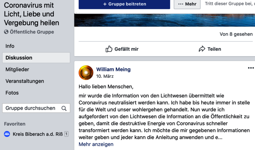 Prima Plan: Mit den Lichtwesen erfolgreich gegen das Corona-Virus kämpfen; Screenshot Facebook