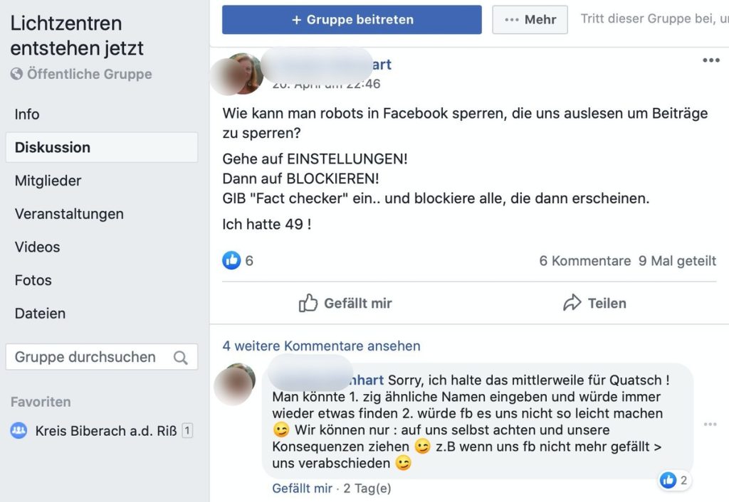 Lichtzentren entstehen jetzt: Eine Gruppe, so vielversprechend wie ihr Titel; Screenshot Facebook