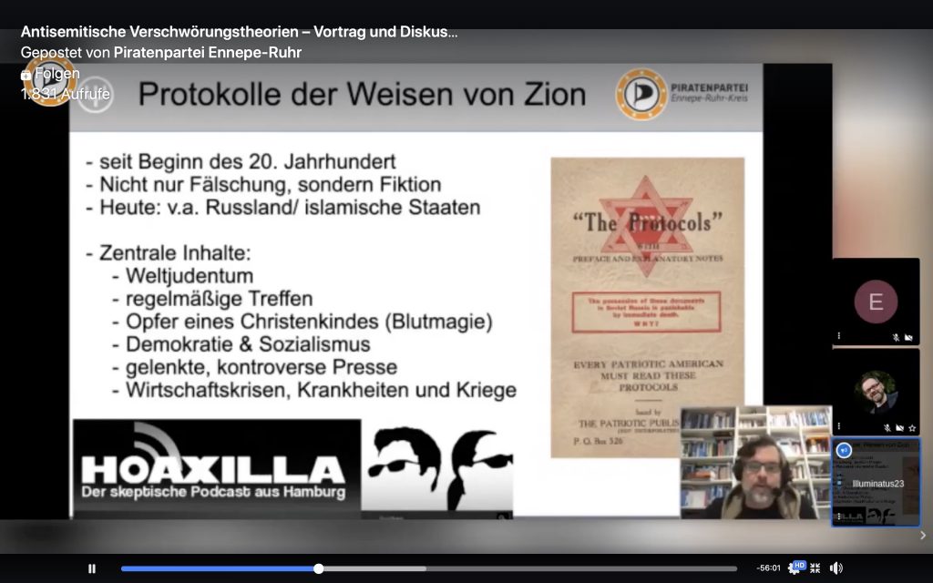 Sebastian Bartoschek klärt über die "Protokolle der Weisen von Zion" auf; Screenshot YouTube