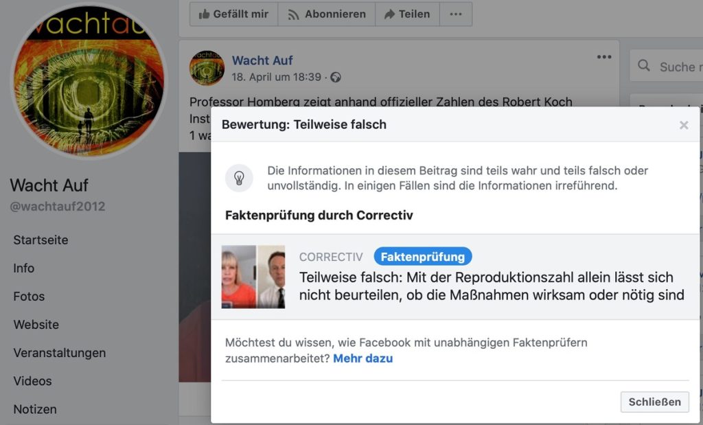 Fakenews-Alarm: Kommt häufiger in auf Aluhut-Seiten vor; Screenshot Facebook