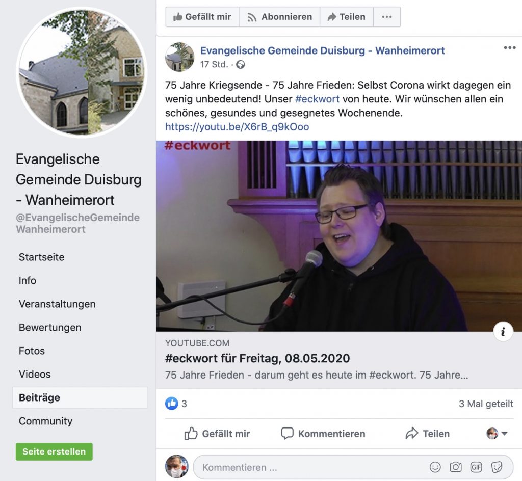Evangelische Gemeinde Duisburg-Wanheimerort: Auch auf Facebook sehr aktiv; Screenshot