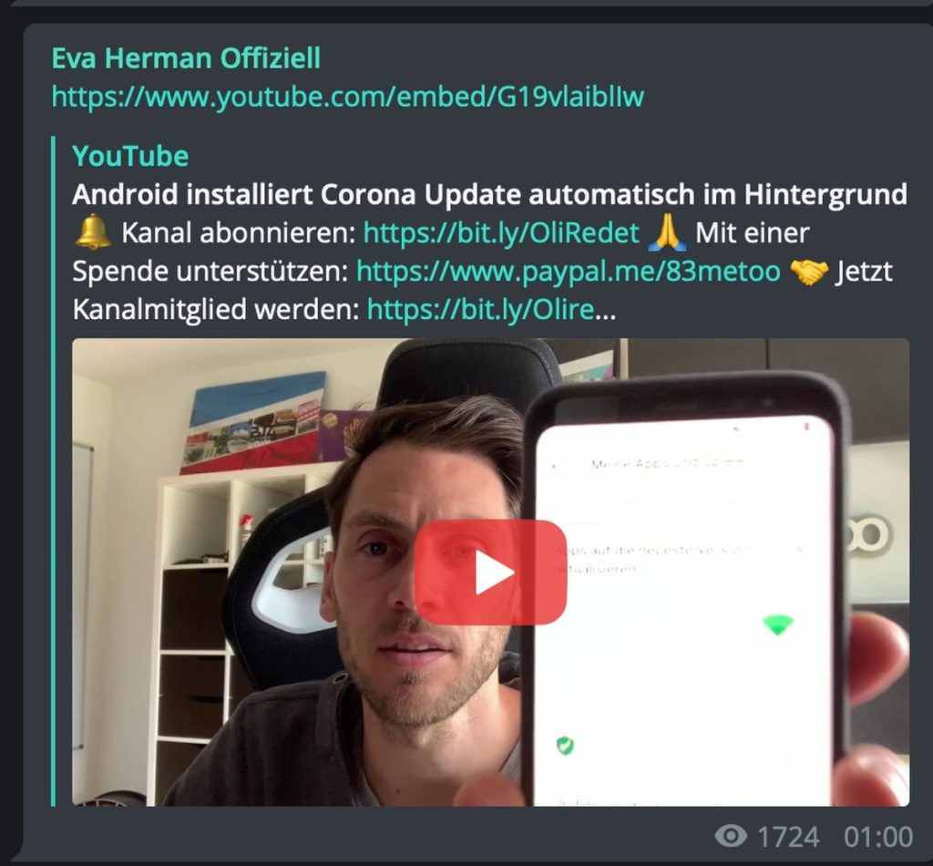 Corona-App: Eva Hermann teilt Blödsinn; Screenshot Telegram