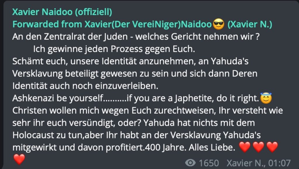 Xavier und der Zentralrat der Juden; Screenshot Telegram