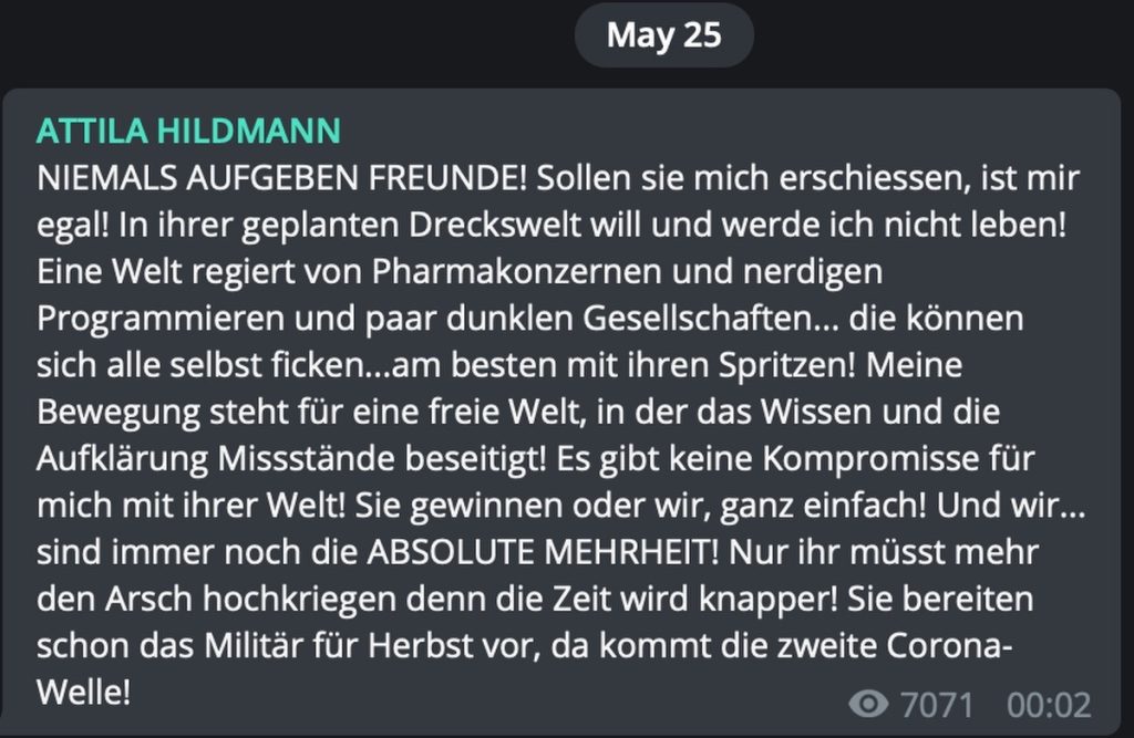 Märtyrer-Phantasien von Attila Hildmann; Screenshot Telegram