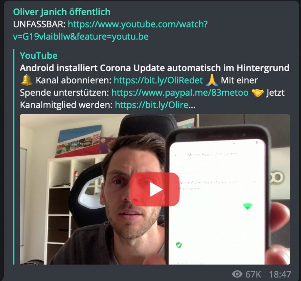 Corona-App: Oliver Janich teilt (wie immer) Blödsinn; Screenshot Telegram