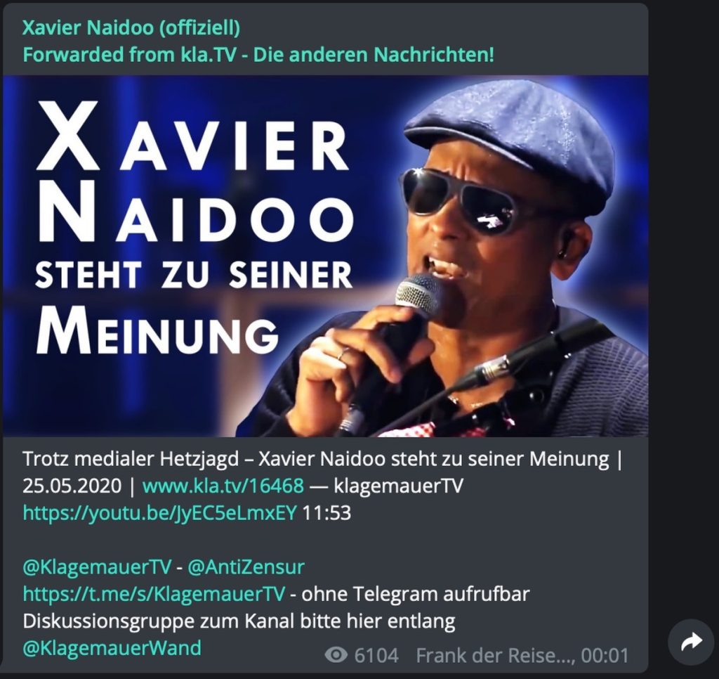 Naidoo bei Kla.TV; Screenshot Telegram