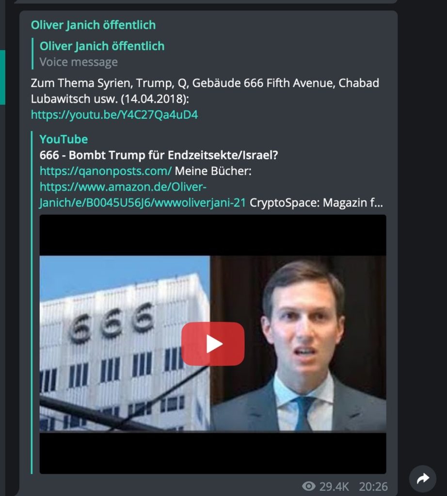 Feindbild Jared Kushner - auch bei Xavier Naidoo; Screenshot Telegram