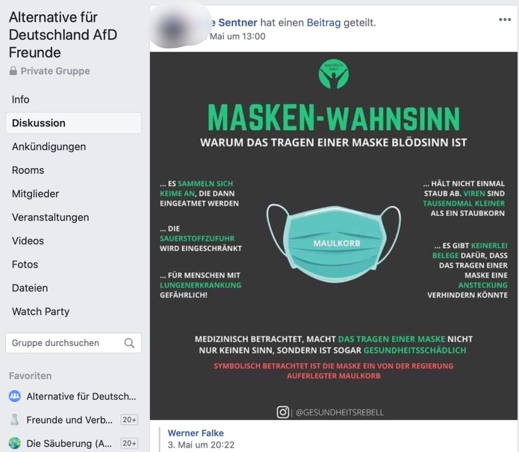 Wieso hast Du überhaupt eine Maske auf? Die AfD macht da nicht mir; Screenshot Facebook