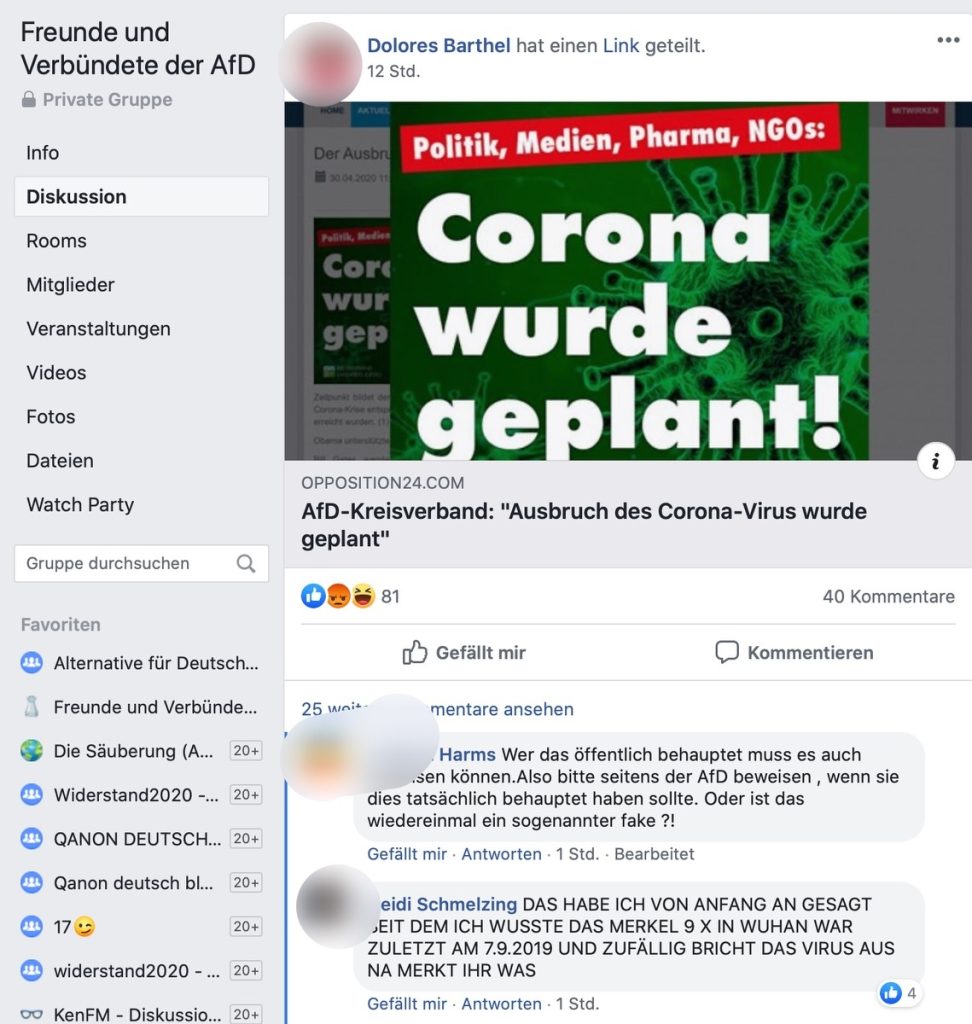 "Corona wurde geplant" Fake-News in einer AfD-Gruppe; Screenshot Facebook