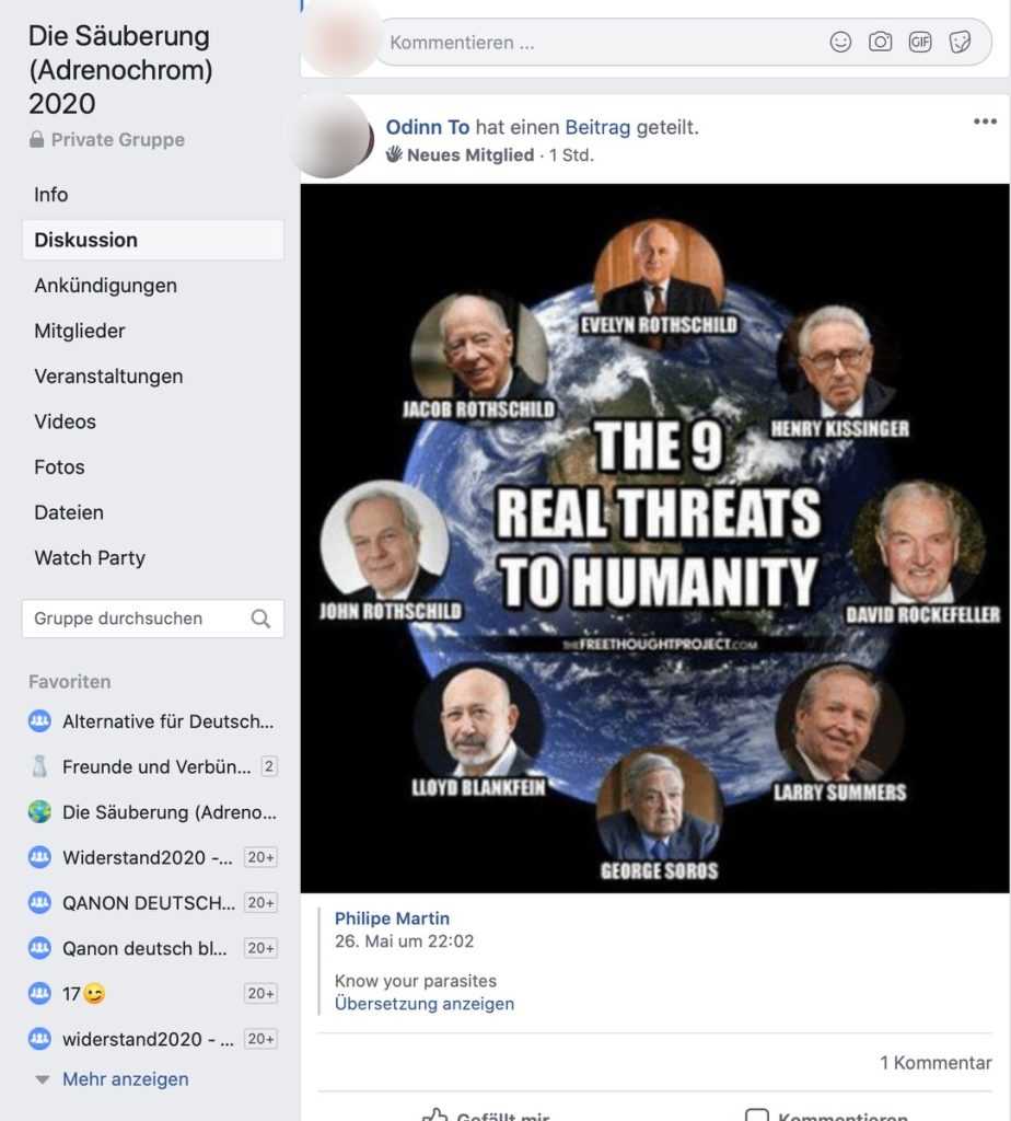 Antisemitische Hetze: Die Säuberung 2020 (Adrenochrom); Screenshot Facebook