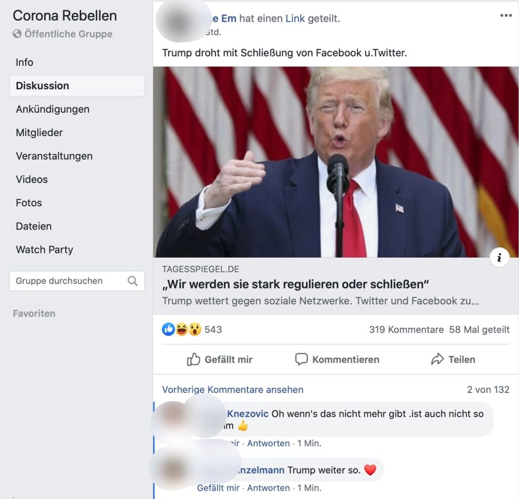 Freunde über die angekündigte Regulierung von Twitter; Screenshot Facebook