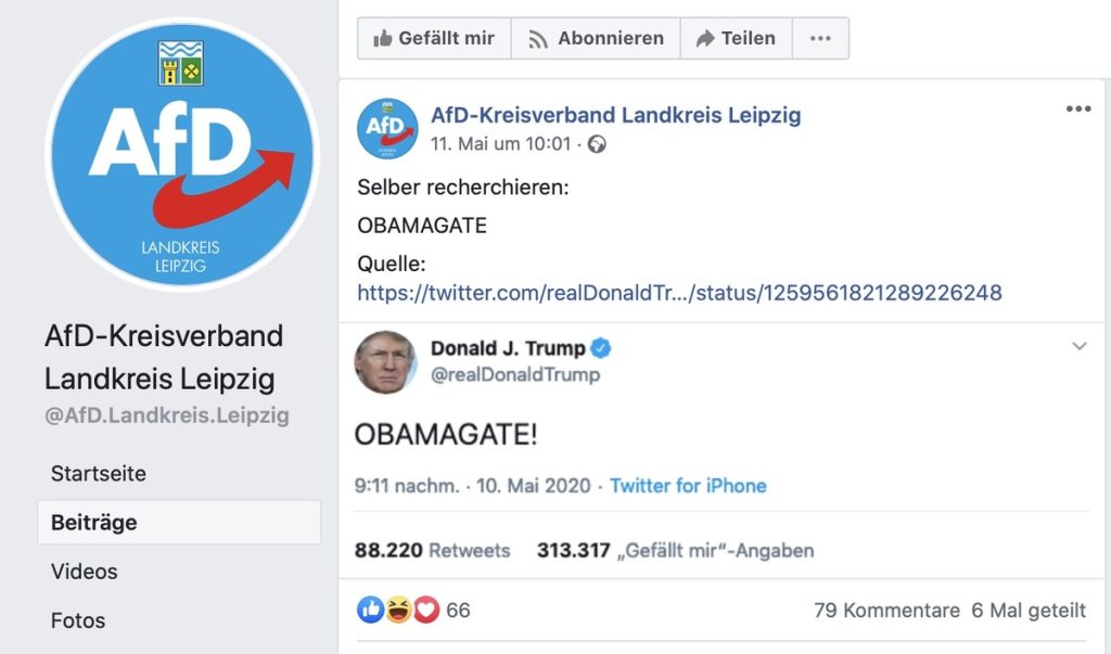 OBAMAGATE: Die AfD mag Fake-News; Screenshot Facebook