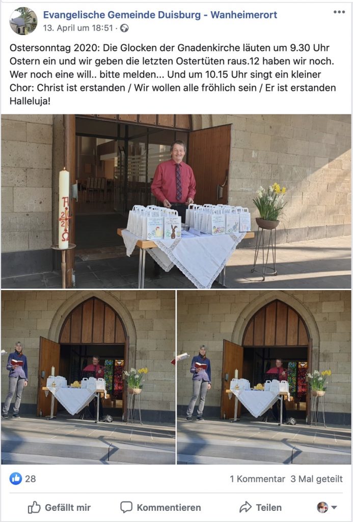 Ostern in Wanheimerort: Es gibt Ostertüten für die Mitglieder der evangelischen Gemeinde; Screenshot Facebook