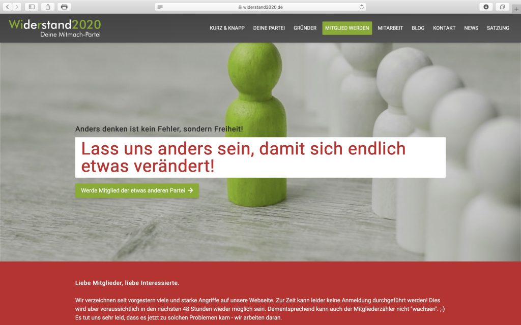 Website von Widerstand2020; Screenshot: widerstand2020.de
