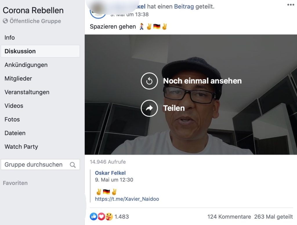 Einfach mal draußen Spazieren gehen: Corona-Rebellen mögen Xavier Naidoo; Screenshot Facebook