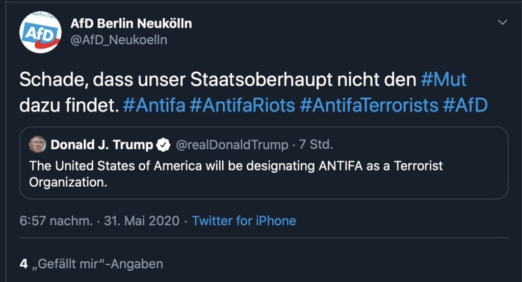 Dass Faschistenfreunde sich über eine Antifa-Verbot freuen macht Sinn; Screenshot