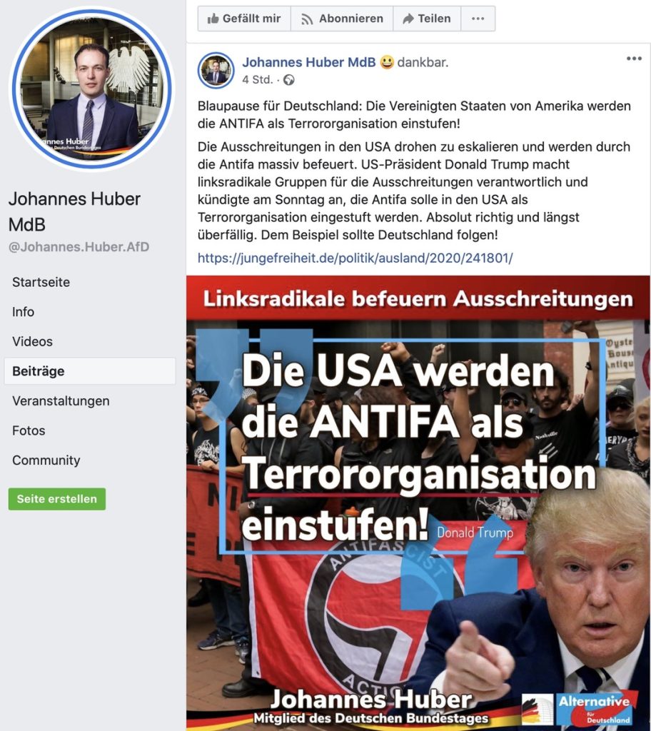 "Blaupause für Deutschland: Die Vereinigten Staaten von Amerika werden die ANTIFA als Terrororganisation einstufen!" Screenshot