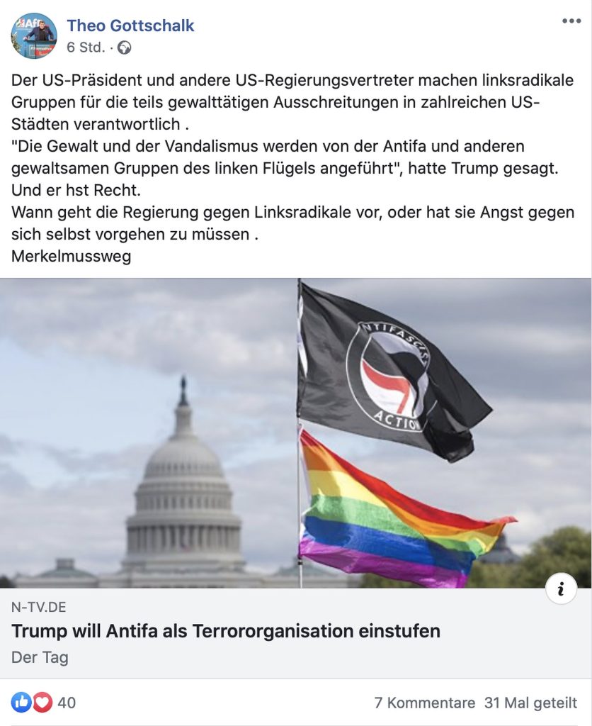 Theo Gottschalk: "Wann geht die Regierung gegen Linksradikale vor, oder hat sie Angst gegen sich selbst vorgehen zu müssen ."; Screenshot