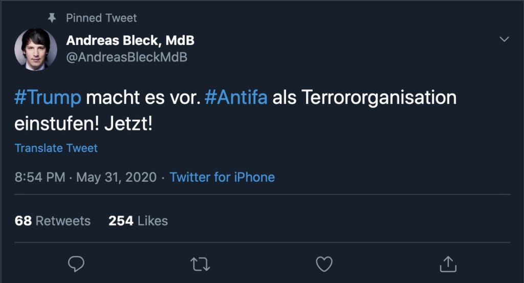 "#Antifa als Terrororganisation einstufen!" Screenshot