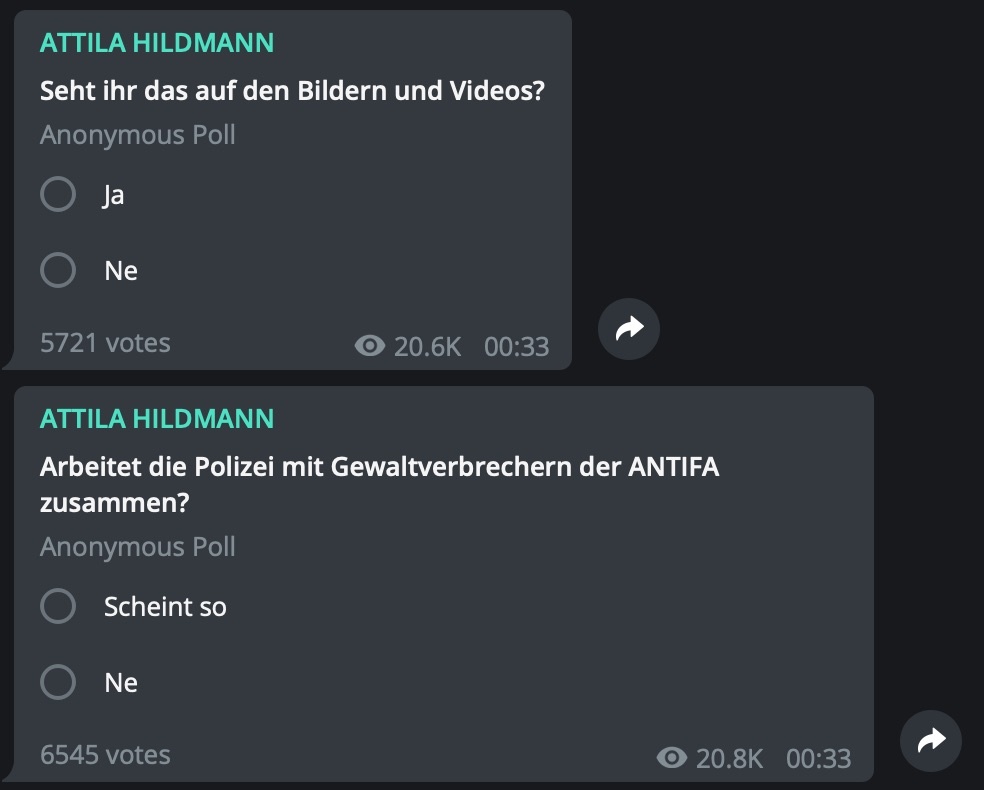 Kooperation ANTIFA und Polizei: Thema bei Hildmann; Screenshot Telegram