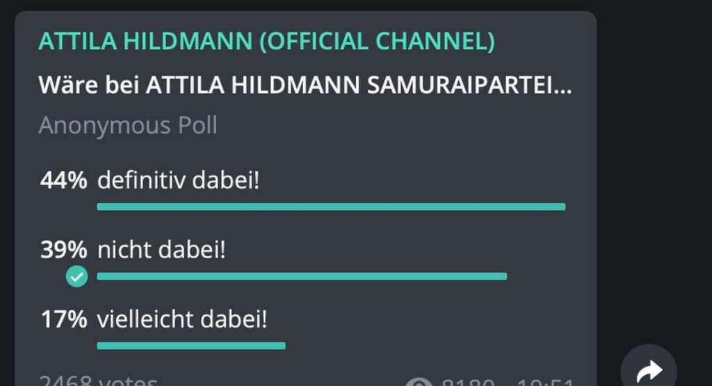 Attila Hildmann will in die Politik: Mit einer Samuraipartei; Screenshot Telegram