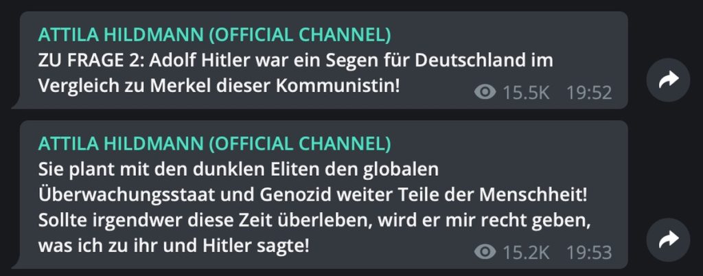 "Adolf Hitler war ein Segen für Deutschland"; Screenshot Telegram