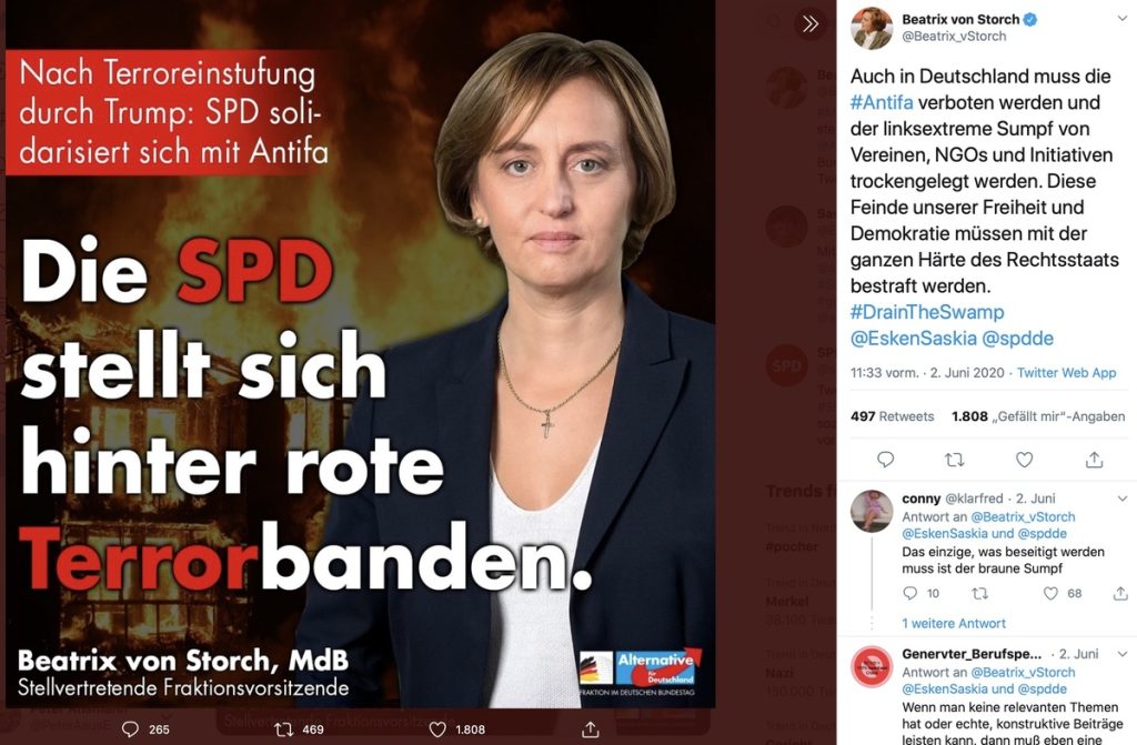 #DrainTheSwamp: Beatrix von Storch und die "roten Terrorbanden" auf Twitter; Screenshot