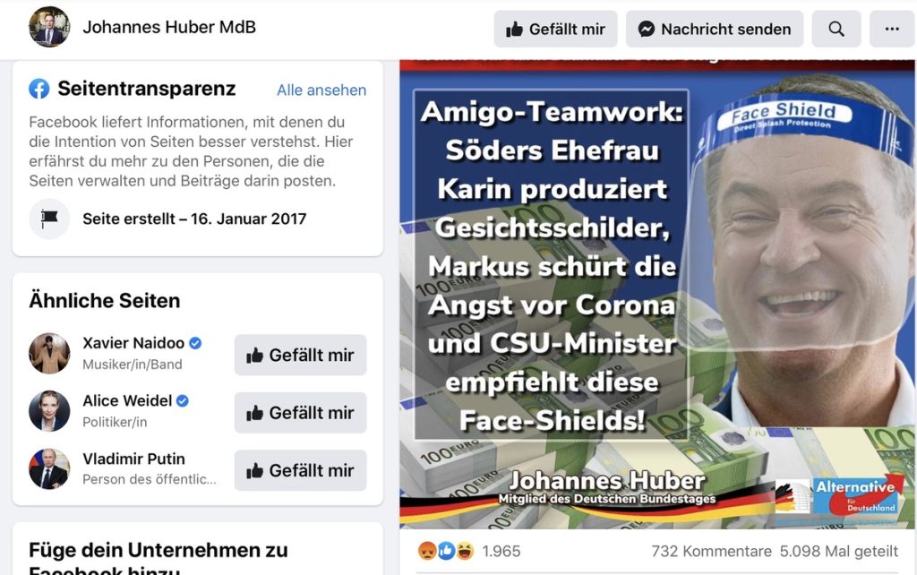 Fake-News: "Amiga-Teamwork: Söders Ehefrau Karin produziert Gesichtsschilder."; Screenshot