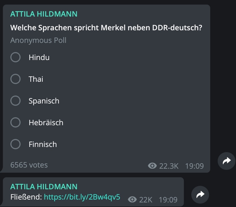 Fake-News: Nein, Angela Merkel spricht kein hebräisch; Screenshot Telegram