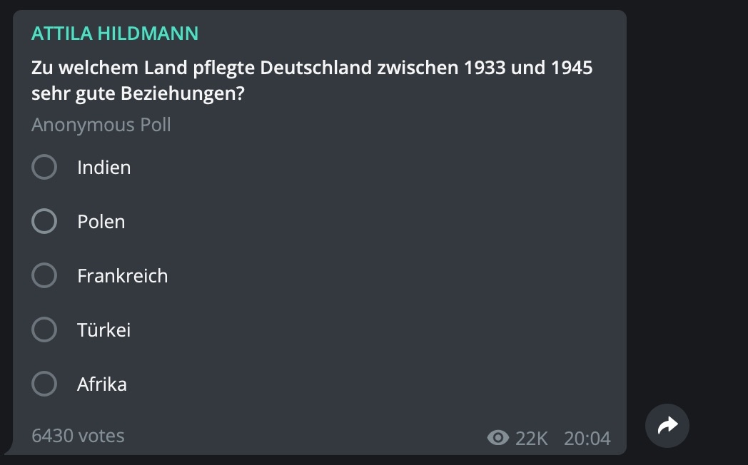 Der Unterschied zwischen Kontinenten und Staaten ist Attila nicht klar; Screenshot Telegram