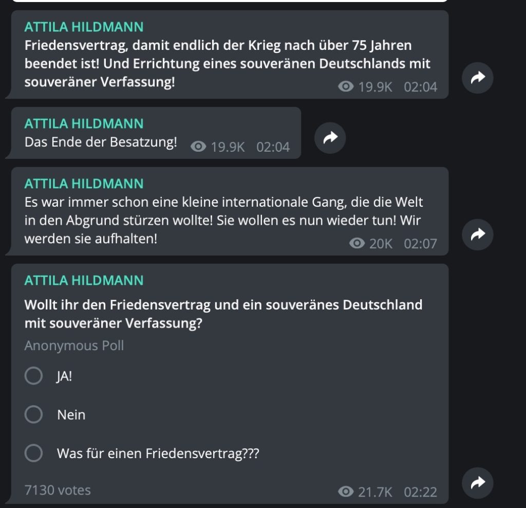 Reichsbürger-Gesülze bei Attila Hildmann; Screenshot Telegram