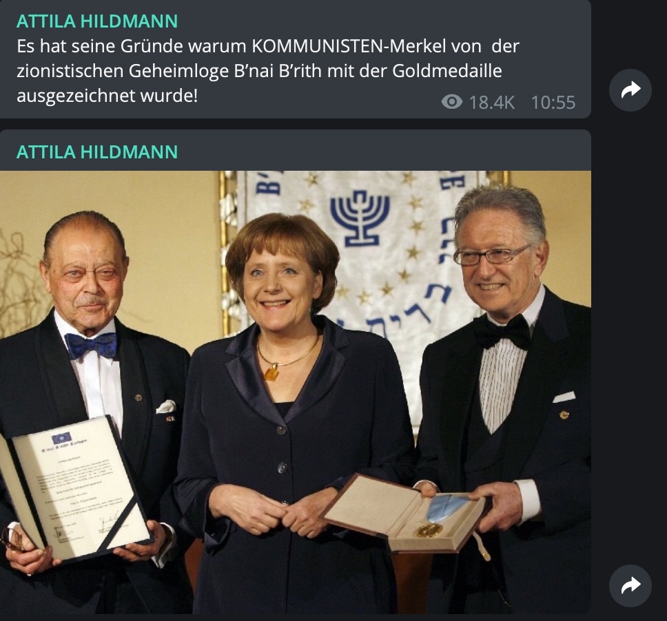 Böse zionistischen Geheimlogen: Die Rhetorik bei Attila Hildmann wird aggressiver; Screenshot Telegram