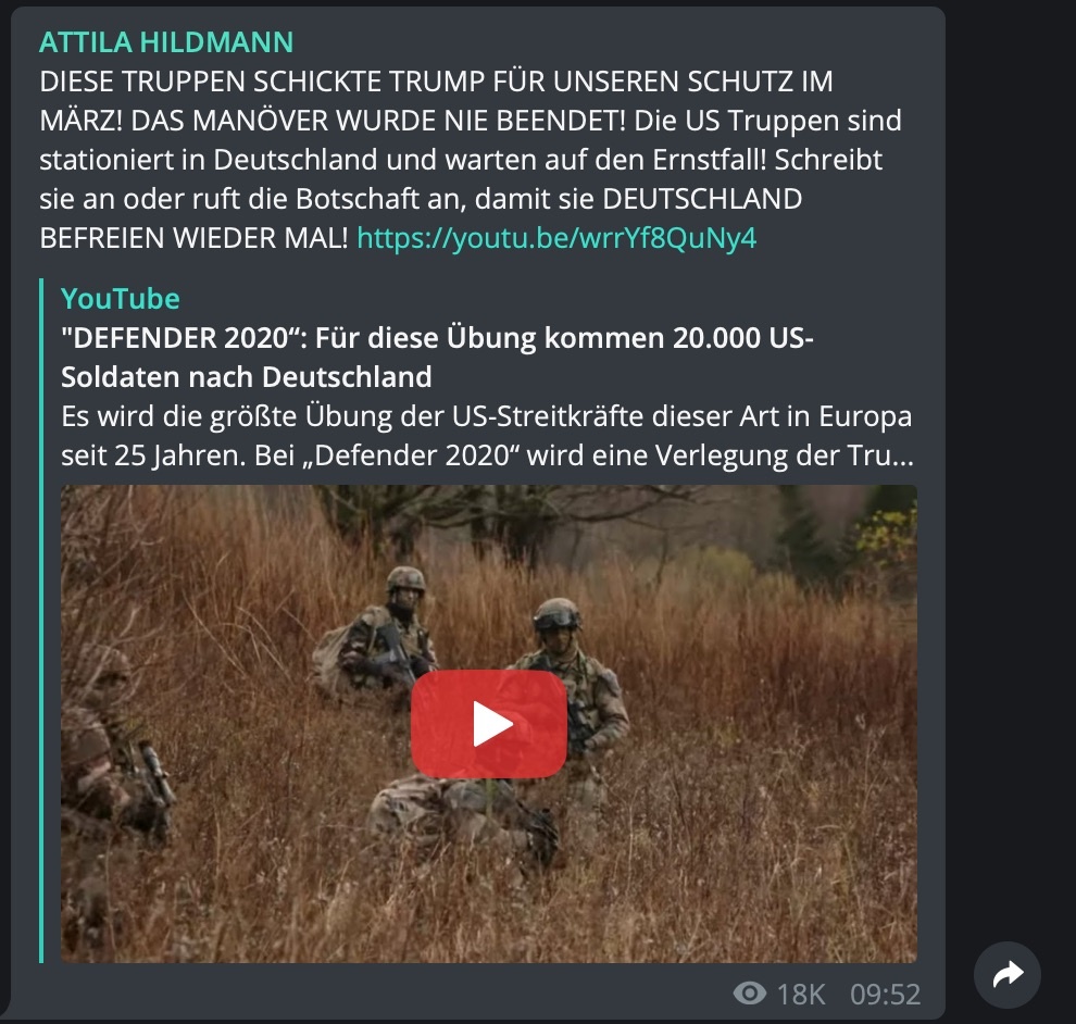 Fake-News zum abgebrochenen Manöver "Defender Europe 2020"; Screenshot Telegram