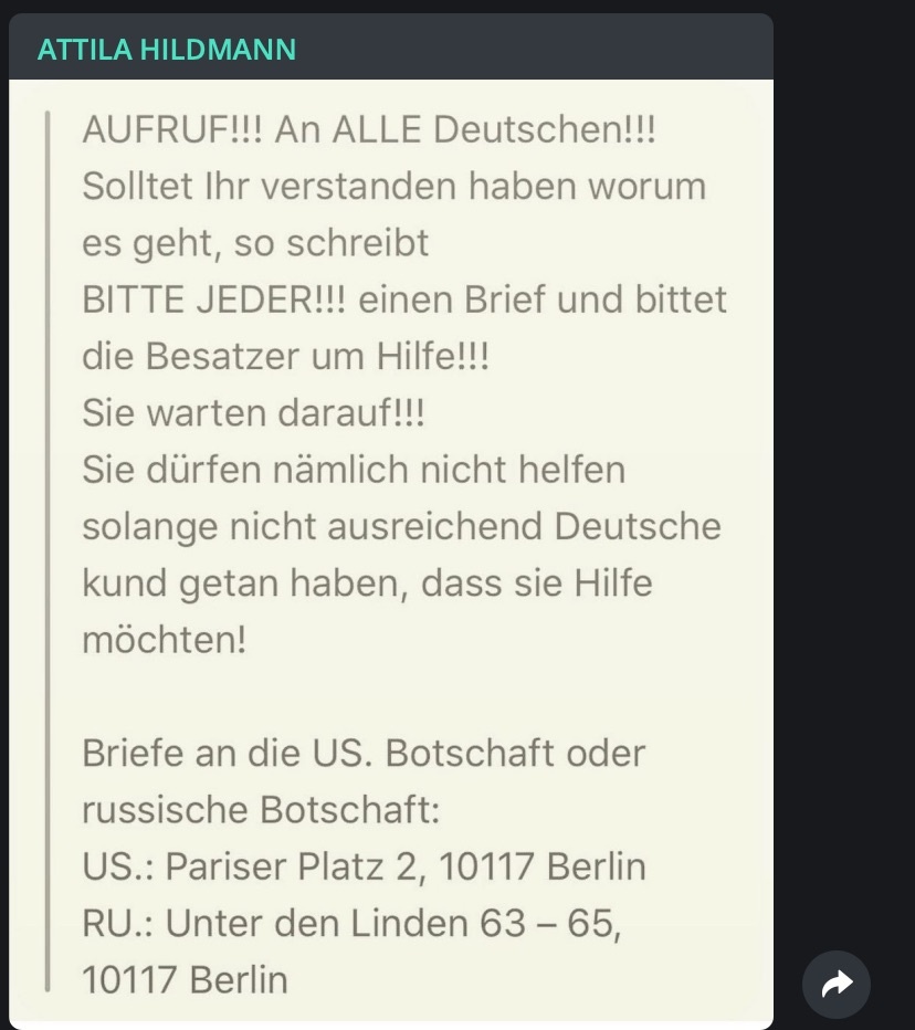 "Besatzer um Hilfe bitten!"; Screenshot Telegram