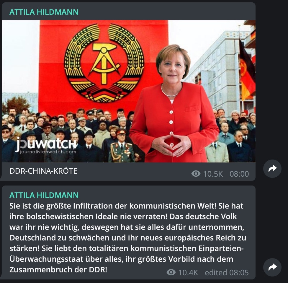 Attila Hildmann: Immer wieder bezeichnet er Angela Merkel als "Kröte"; Screenshot Telegram