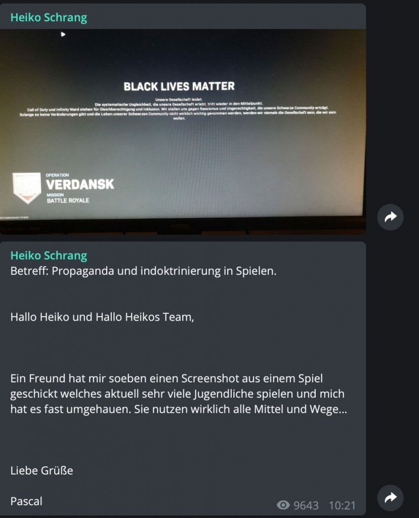 Antirassismusarbeit ist für Heiko Schrang "Propaganda und Indoktrinierung"; Screenshot Telegram