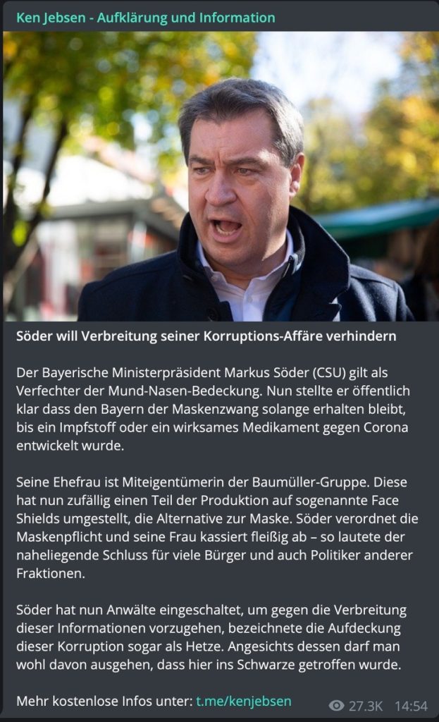 "Maskengate" - Fake-News bei Ken Jebsen; Screenshot Telegram