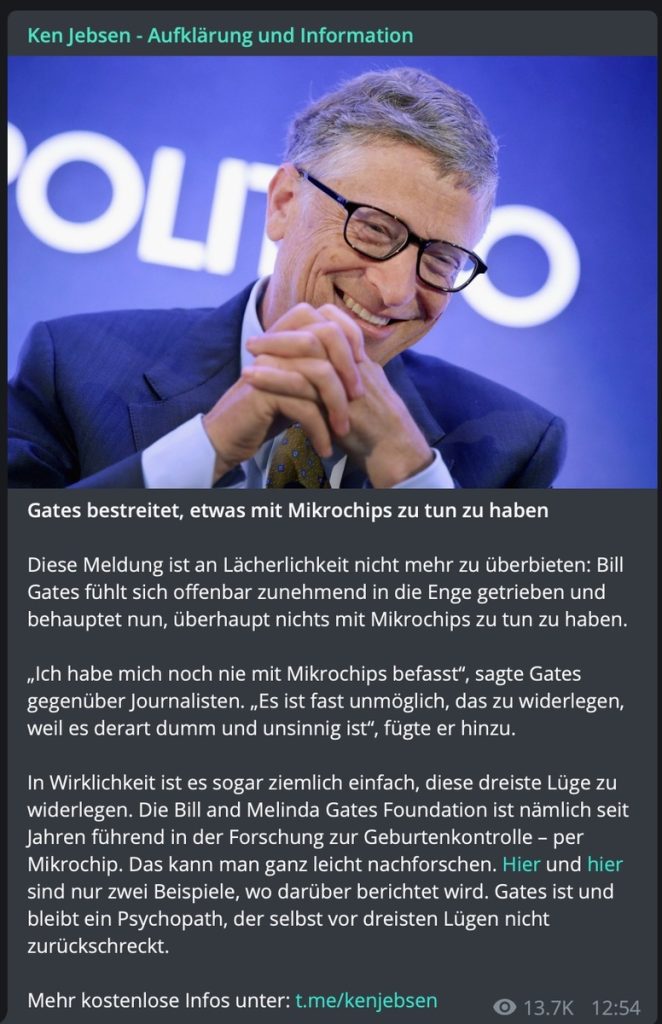 Von Verschwörungstheoretikern gehasst: Bill Gates; Screenshot Telegram