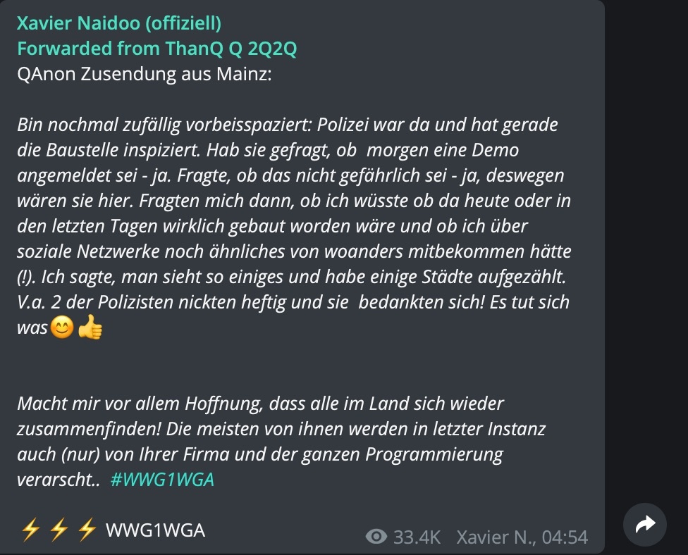 Verdächtige Vorgänge in Mainz: Meldung eines QAnons; Screenshot Telegram