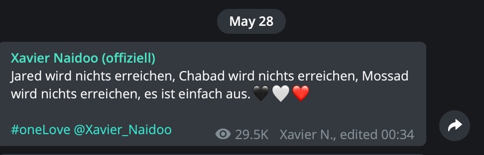 "Jared wird nichts erreichen, Chabad wird nichts erreichen, Mossad wird nichts erreichen"; Screenshot Telegram