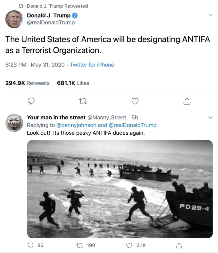 "The United States of America will be designating ANTIFA as a Terrorist Organization." Screenshot