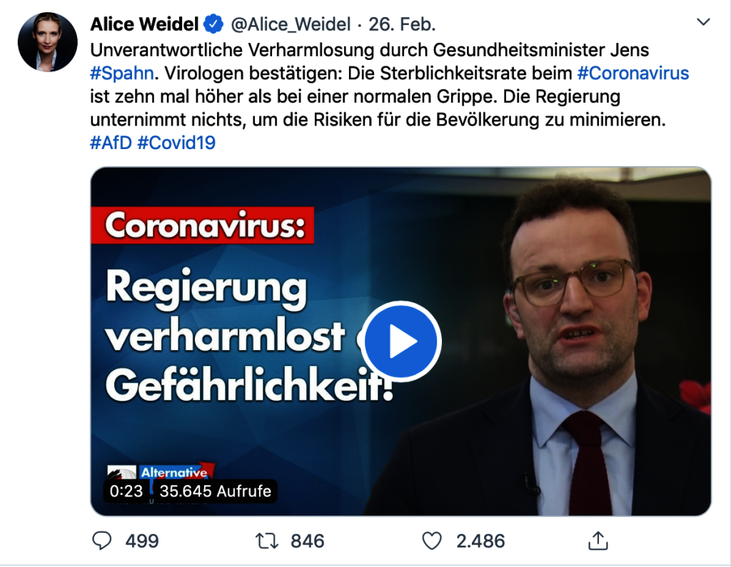 Angst und Panik schüren: Dr. Alice Weidel; Screenshot: Twitter