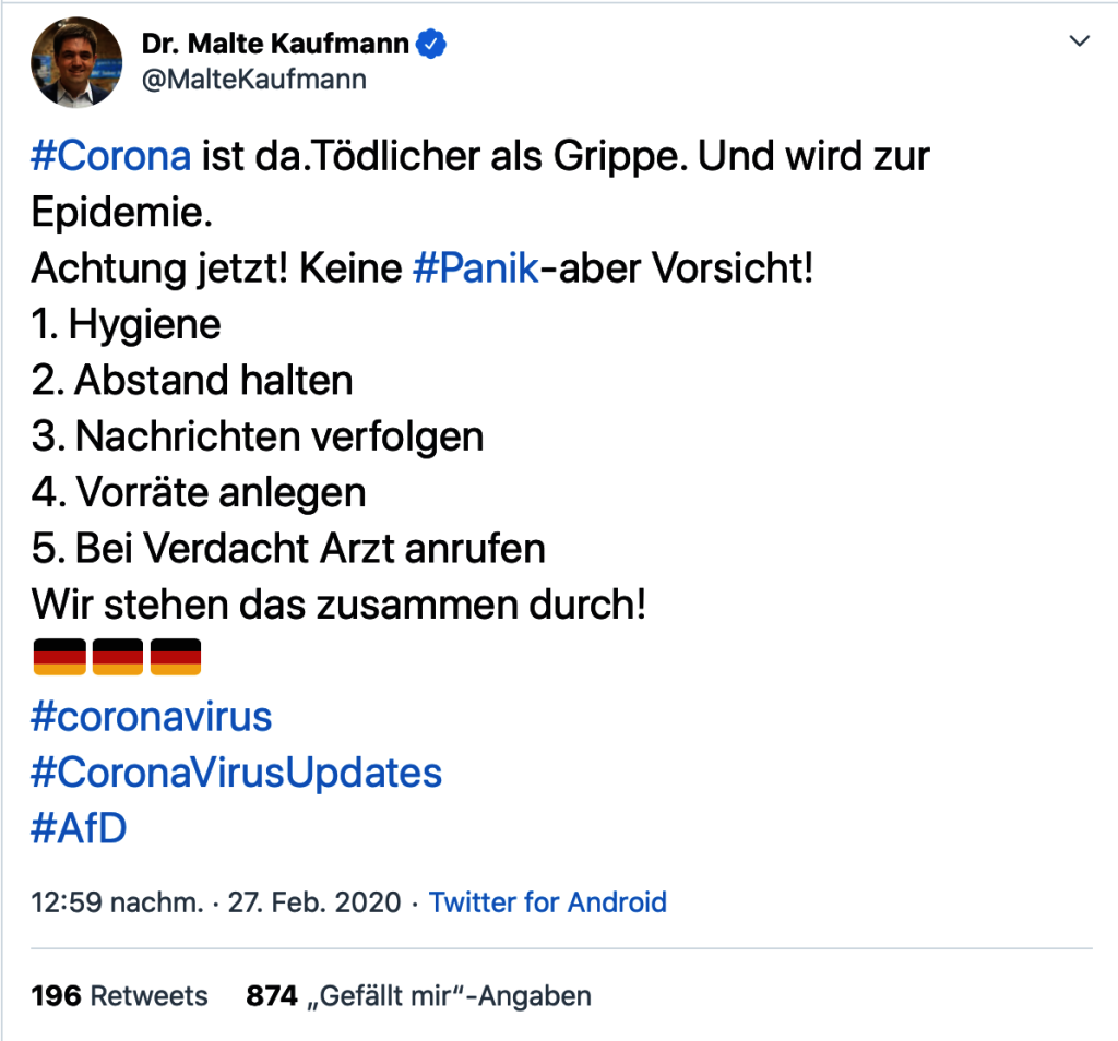 „Tödlicher als Grippe“ Keine Panik; Screenshot Twitter