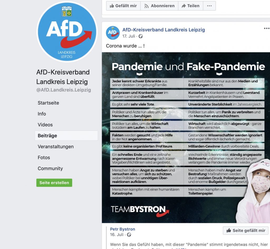 Am 17. Juli 2020: COVID-19 ist eine "Fake-Pandemie"; Screenshot Facebook