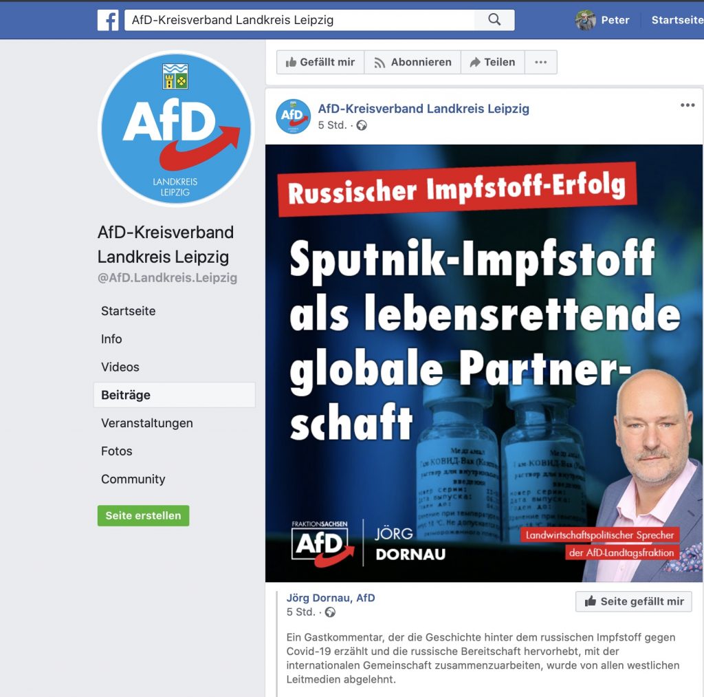 Gestern wurde von "Fake-Pandemie" gesprochen - heuer wird der lebensrettende "Sputnik-Impfstoff" gefeiert; Screenshot Facebook